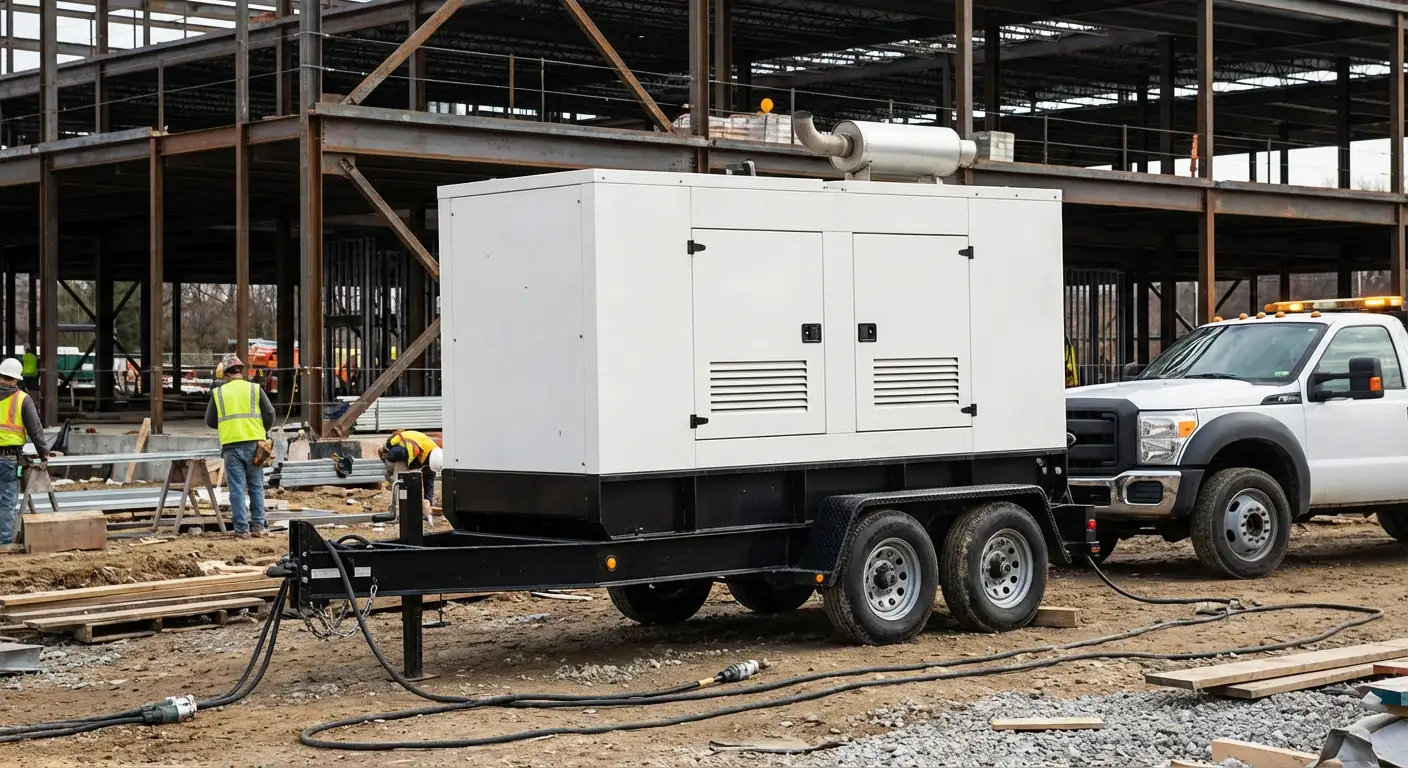 A rugged 100kW towable generator positioned on a dusty construction site near a steel framework, with yellow heavy-duty cables running toward the structure. in Novi, MI