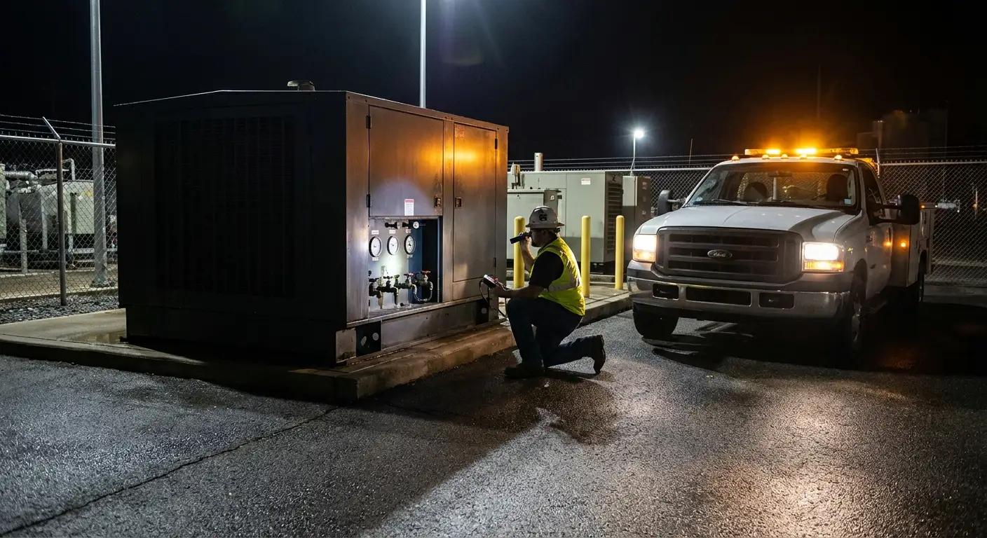 Nighttime shot of a fuel technician monitoring a flow meter while refueling a massive white standby generator enclosure near a secure building. in Novi, MI