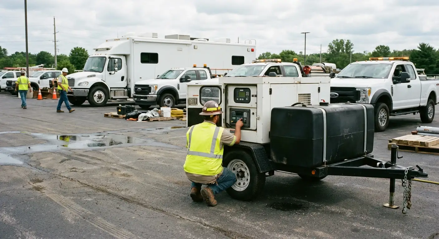 A high-angle shot of an emergency response staging area with a large black mobile command vehicle (bus style); a white industrial generator sits adjacent, with a technician checking the control panel. in Novi, MI