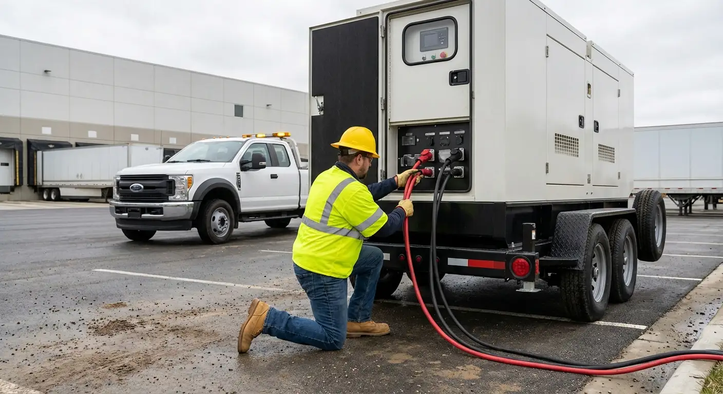 A 500kW mobile generator parked next to a large modern distribution center loading dock at dusk, powering temporary floodlights and equipment. in Novi, MI
