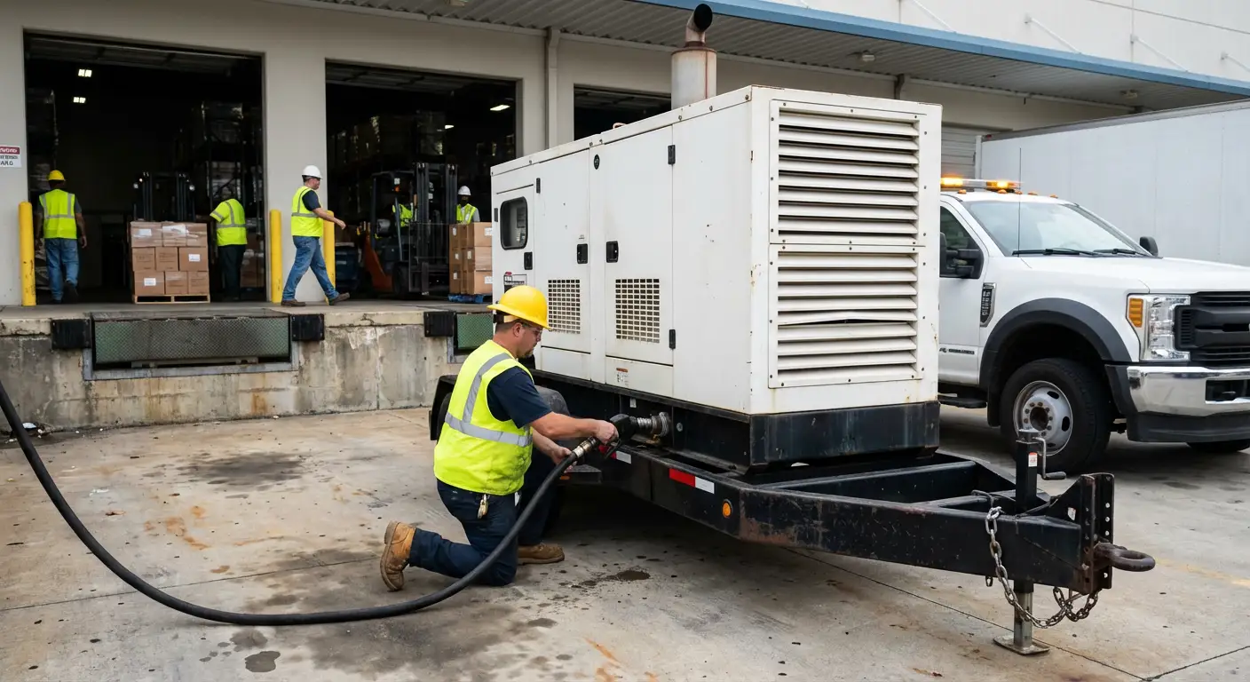 A commercial fuel bobtail truck parked next to a large industrial generator at a busy warehouse loading dock, filling the tank. in Novi, MI