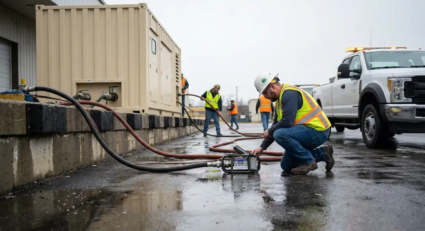 A massive 500kW containerized generator parked in a commercial loading dock during a rainy evening, with a fuel truck parked alongside extending a hose. in Novi, MI