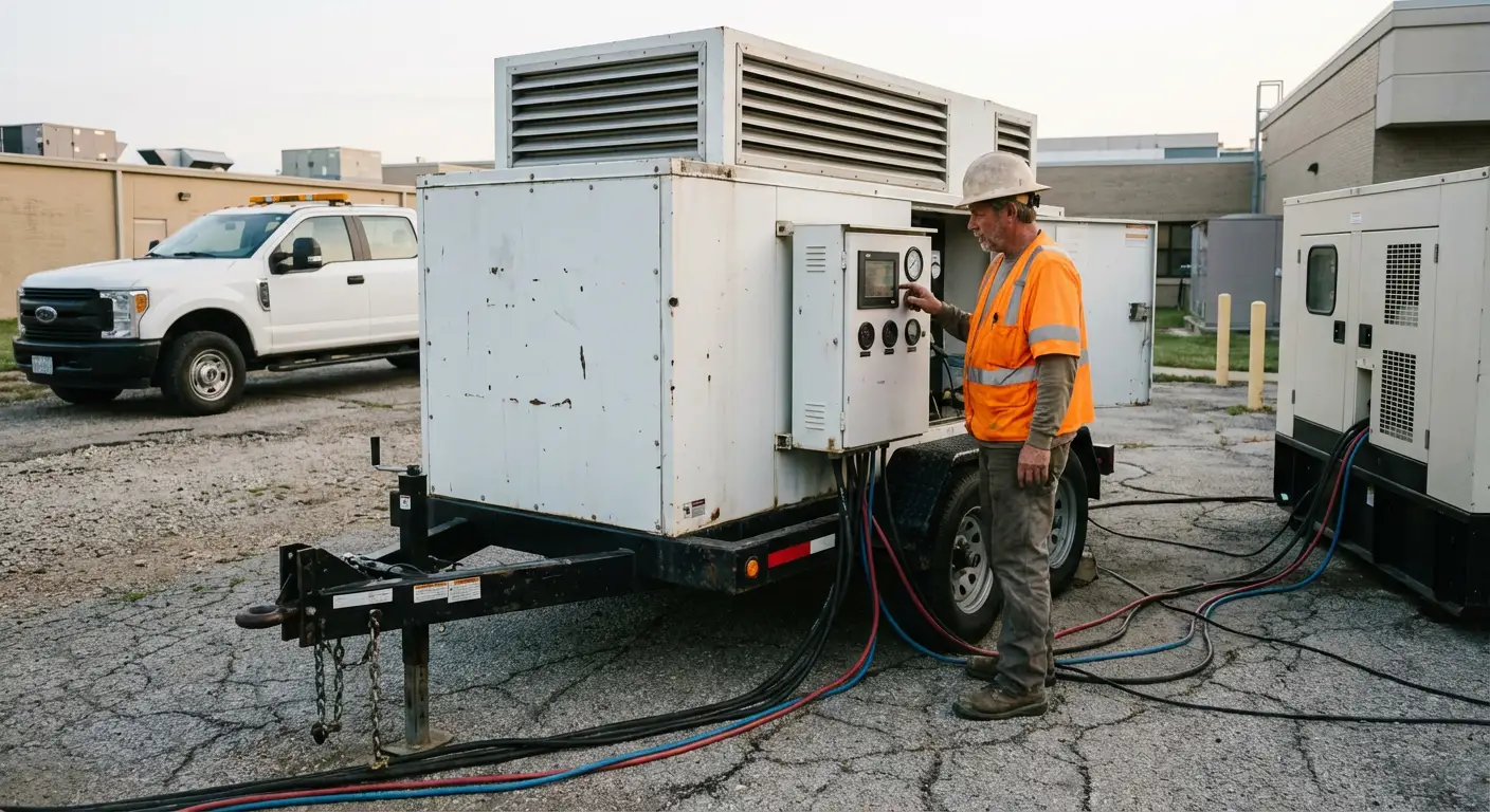 Technician in high-visibility gear adjusting controls on a portable load bank unit stationed outside a hospital utility bay at dawn. in Novi, MI
