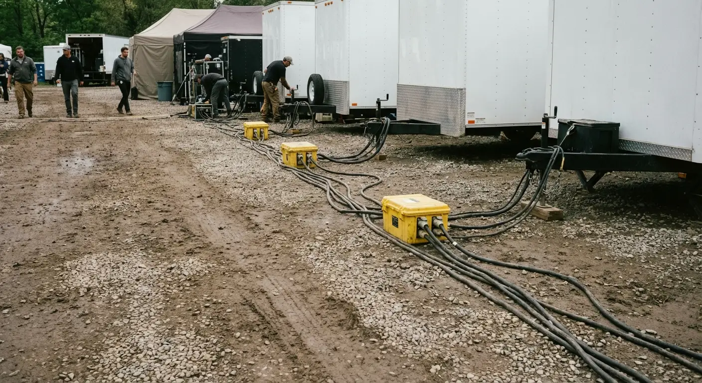A behind-the-scenes view of a film production base camp; a row of white talent trailers is visible, with yellow cable ramps protecting heavy-duty power cables running along the ground. in Novi, MI