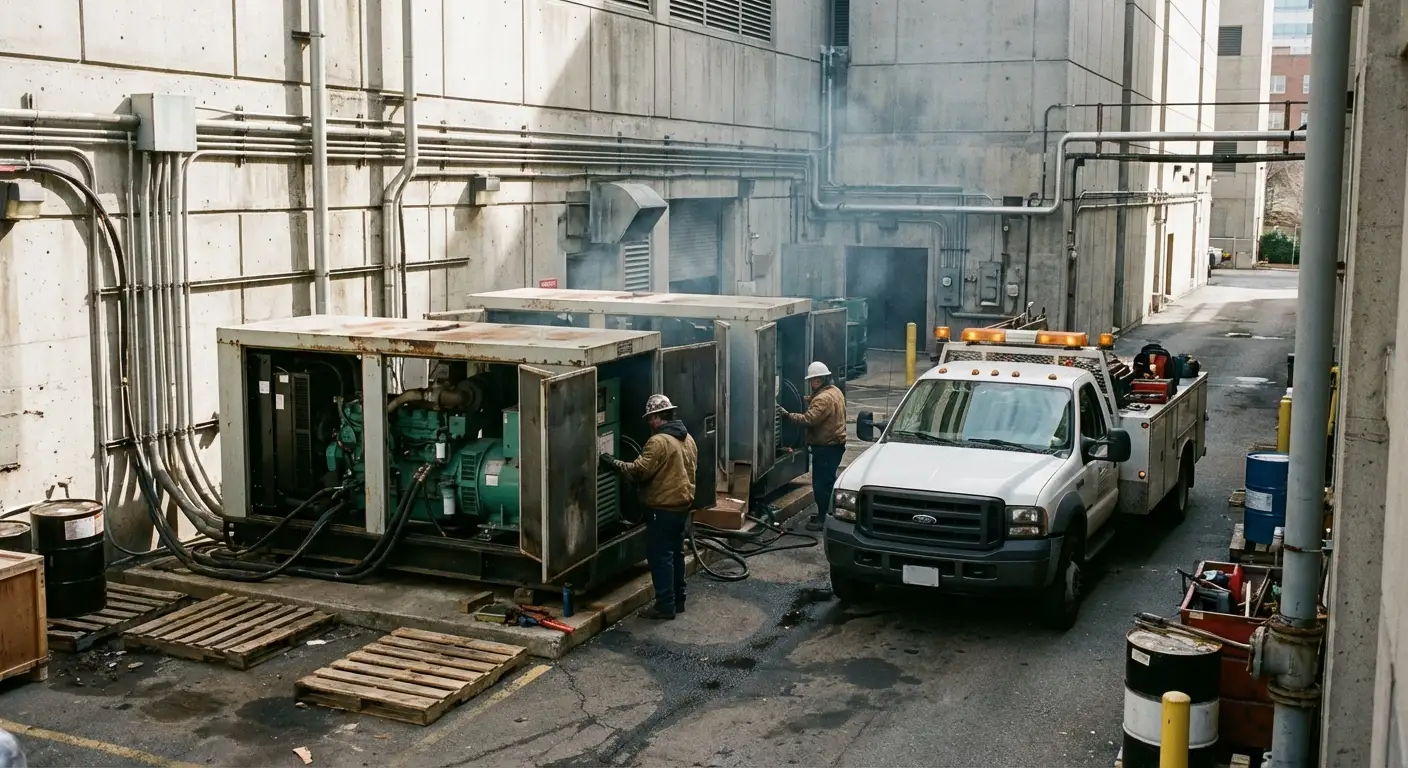 Two large white industrial generators connected in parallel outside a hospital utility building, with thick black cabling running into the facility. in Novi, MI