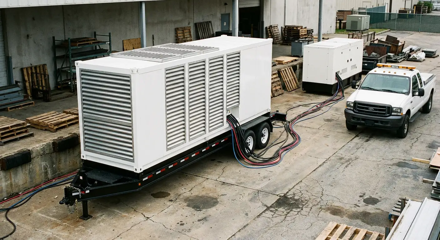 Wide shot of a large resistive load bank trailer connected to a commercial generator behind a busy warehouse loading dock. in Novi, MI