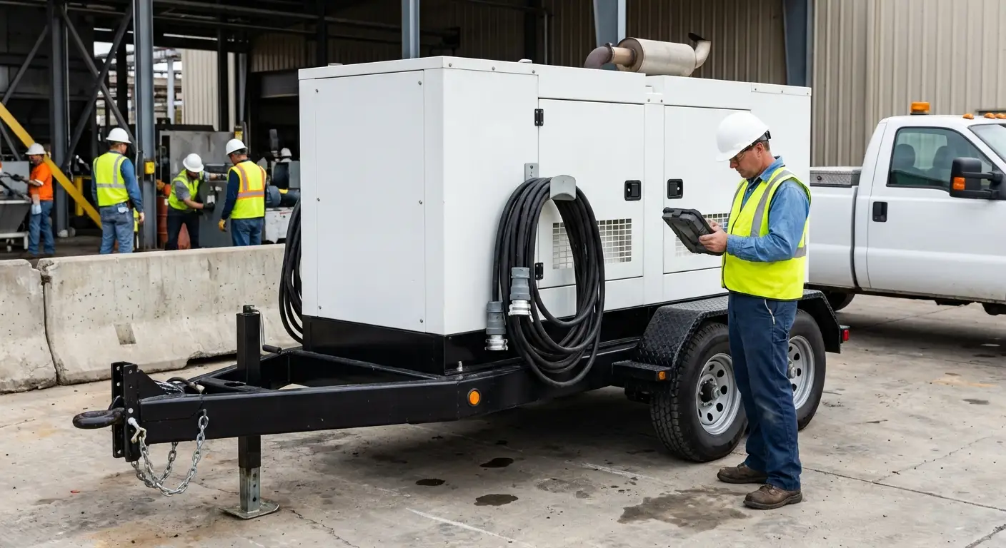 A technician checking the control panel of a towable generator stationed outside a brick factory building during the day, with industrial conduit visible. in Novi, MI