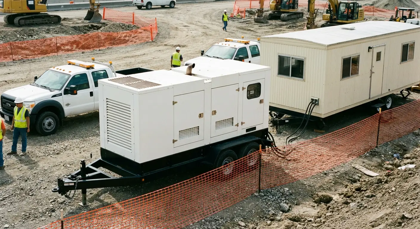 A rugged construction site setting featuring a beige mobile office trailer; in the foreground, a towable 40kW diesel generator is stationed on gravel, connected via thick black cabling to the trailer's power inlet. in Novi, MI