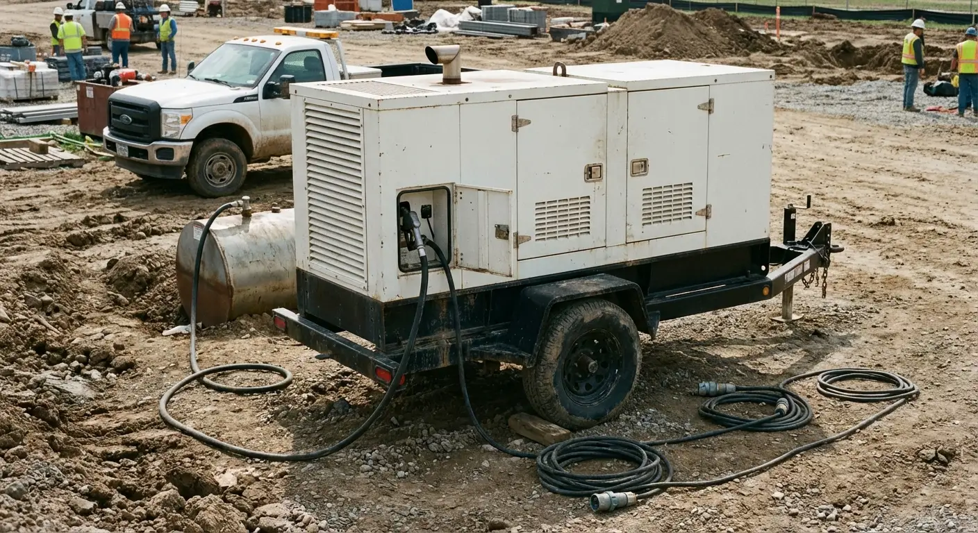 Early morning on a construction site, a fuel hose extending from a truck to a yellow towable generator sitting on gravel. in Novi, MI