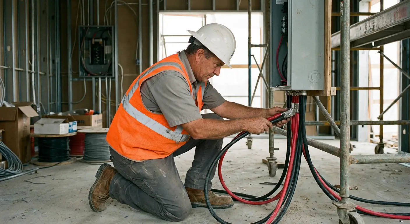 Close-up of heavy-gauge cam-lock cables being connected from a load bank to a building's main distribution panel. in Novi, MI