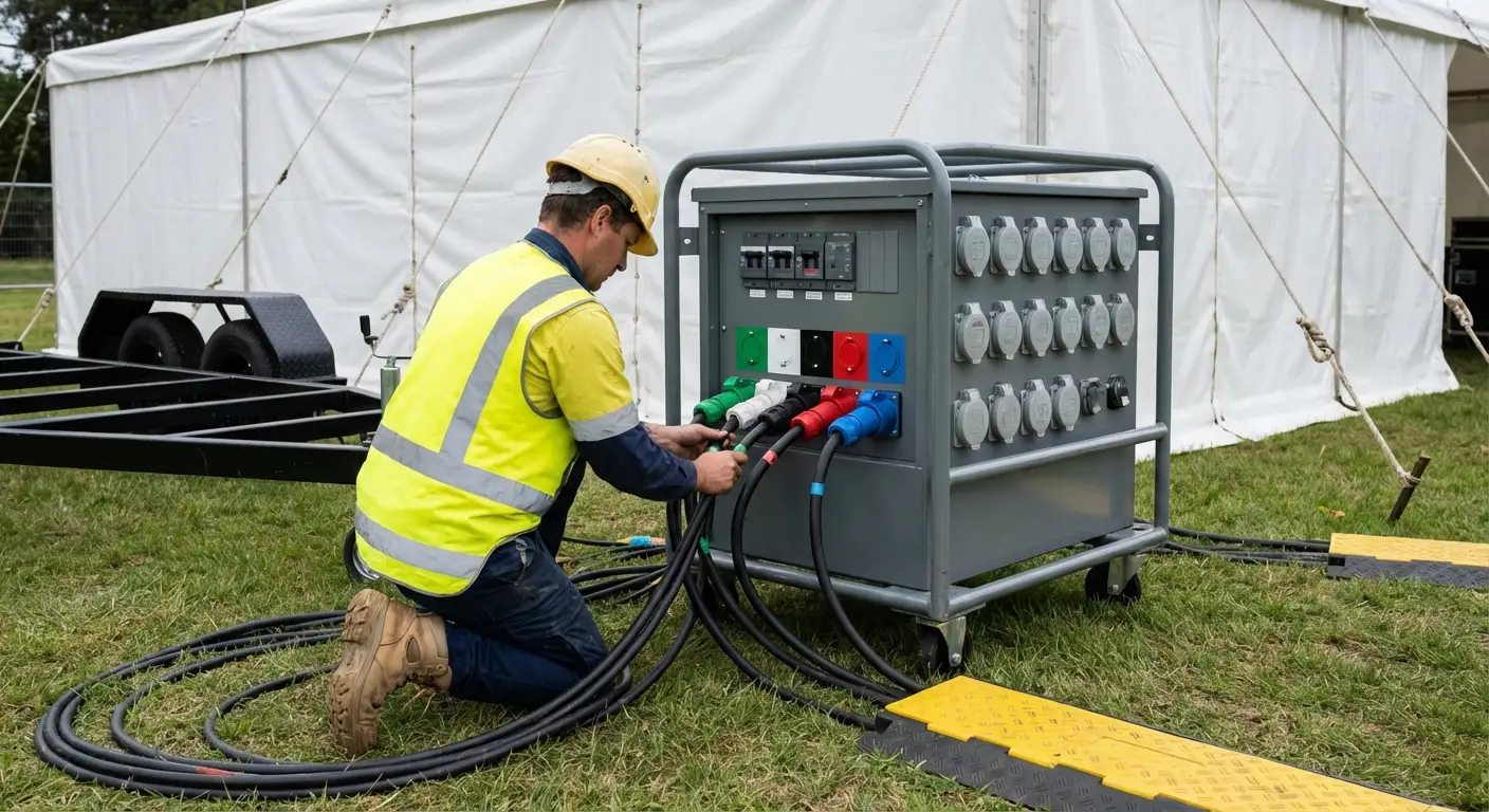 A sleek, white commercial generator placed discreetly behind a hedge at an outdoor event, connected to a distribution panel and spider boxes near a white tent. in Novi, MI
